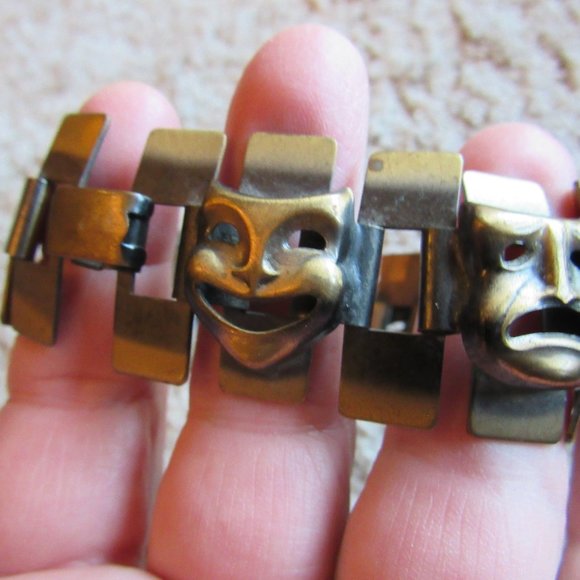 Vintage Handmade Bronze Metal Tragedy and Comedy Bracelet - Picture 2 of 6